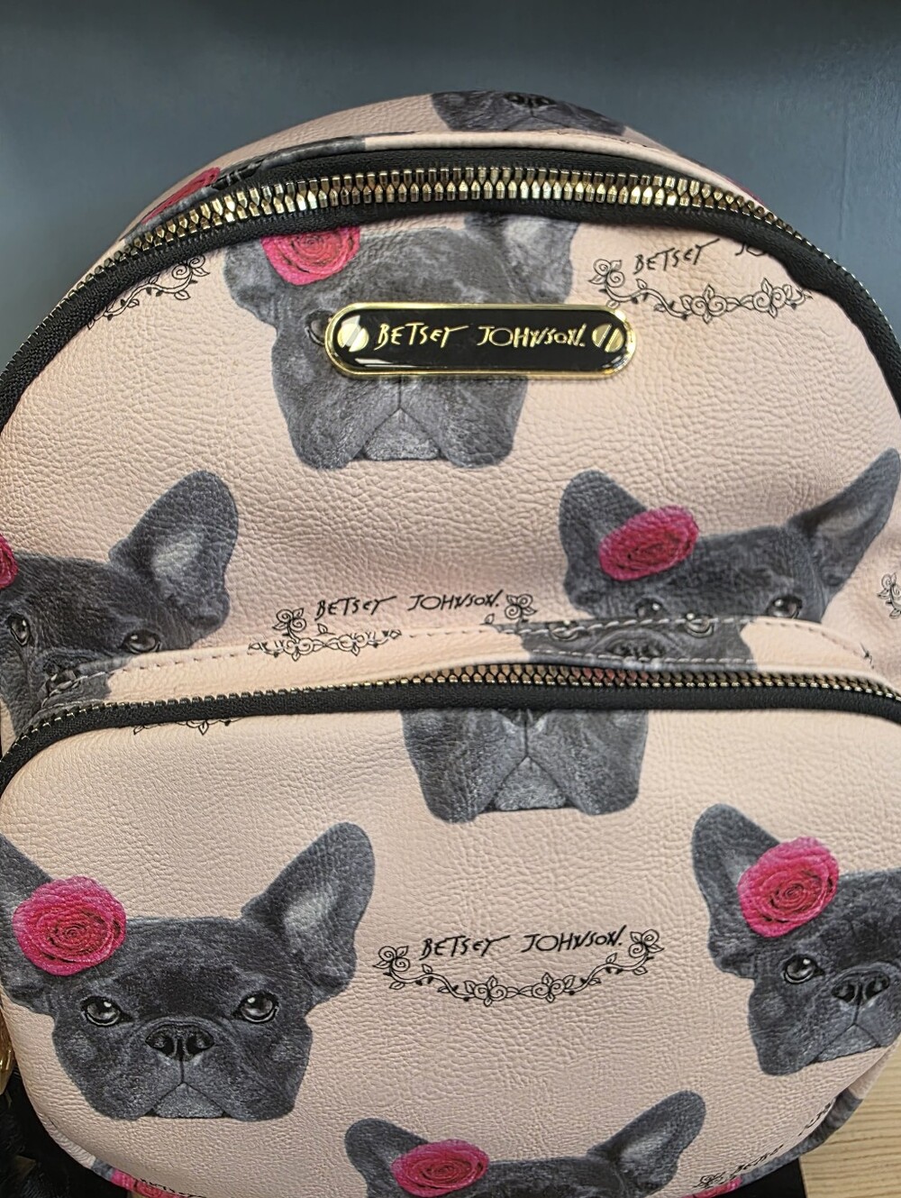 Betsey Johnson Pink French Bulldog Pattern Mini Backpack with Black Pom - Picture 8 of 10